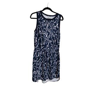 Athleta Navy & White Abstract Print Sleeveless Dress With Drawstring Waist Women